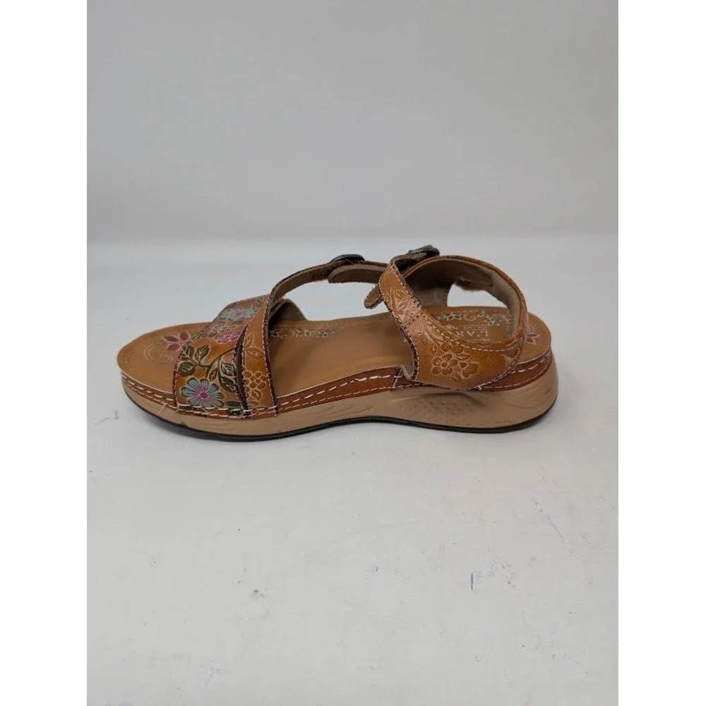 L'Artiste by Spring Step Sweetened Leather Sandals Brown Floral Wedge sz 37 US 7